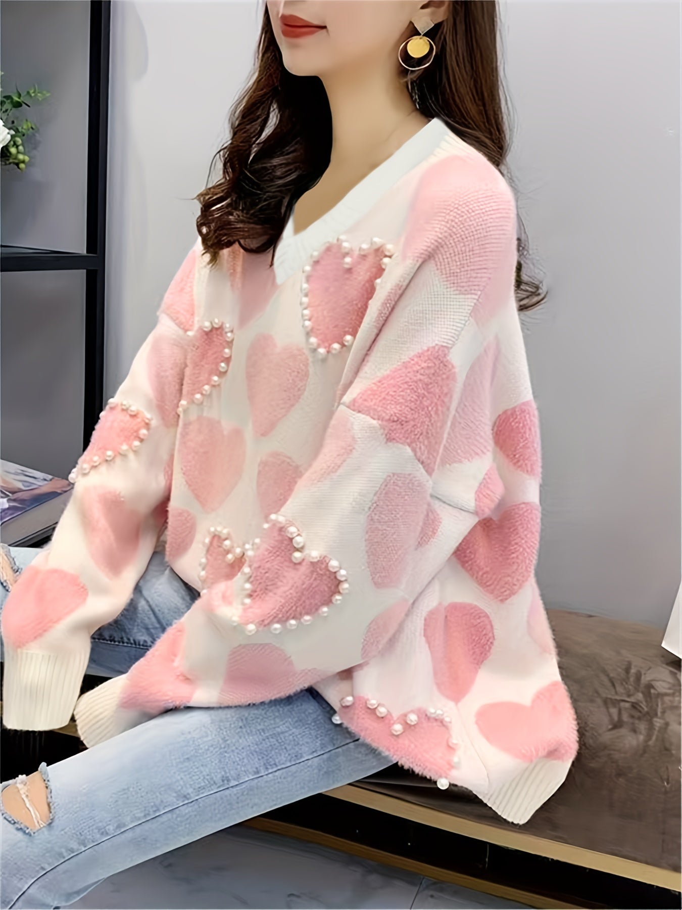 Heart Print V Neck Sweater with Faux Pearl Decor