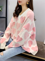 Heart Print V Neck Sweater with Faux Pearl Decor