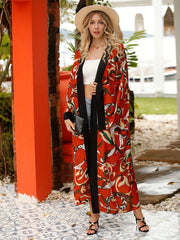 Boho Kimono Women's Plus Leaf Print Long Sleeve Beach Cover Up