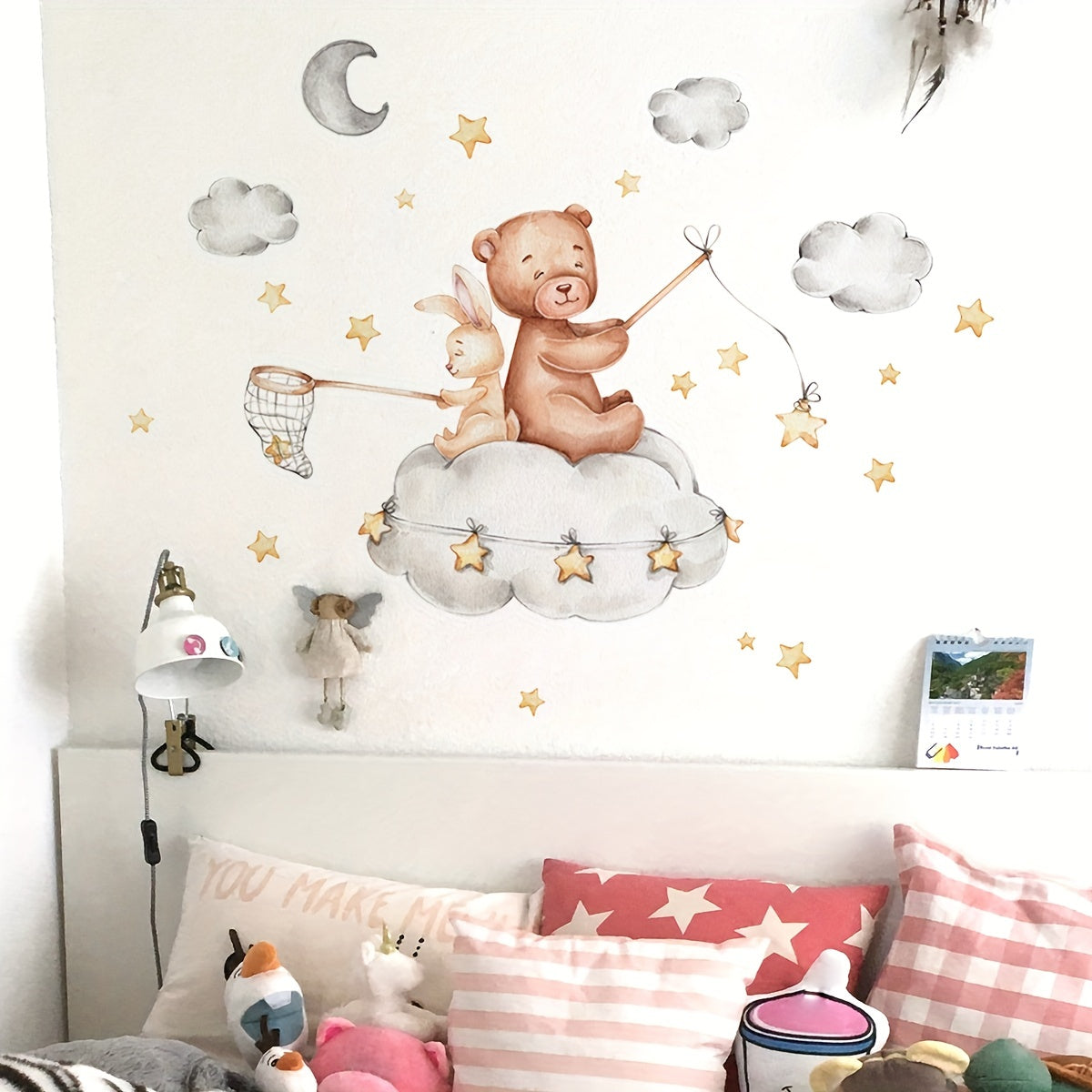 Bear and Bunny Nursery Decor Vinyl Wall Stickers with Stars and Clouds