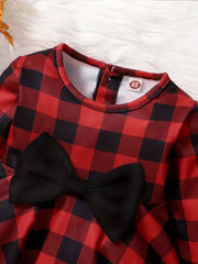 Baby Girls Christmas Plaid Dress Big Bow Long Sleeve Puffy