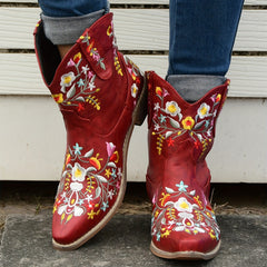 Retro Floral Embroidered Western Boots Pointed Toe Slip On Cowgirl Short Boots