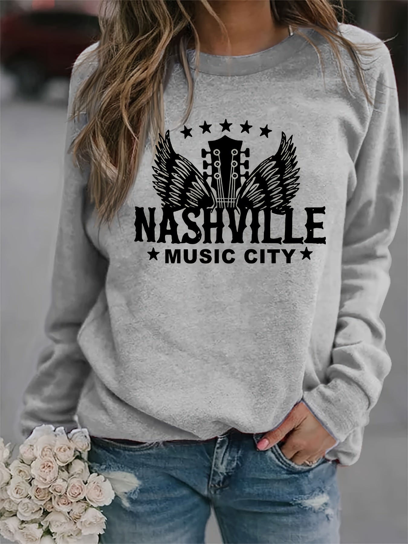 Nashville Music City Print Sweatshirt Long Sleeve Crew Neck
