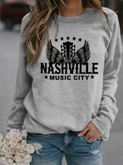 Nashville Music City Print Sweatshirt Long Sleeve Crew Neck