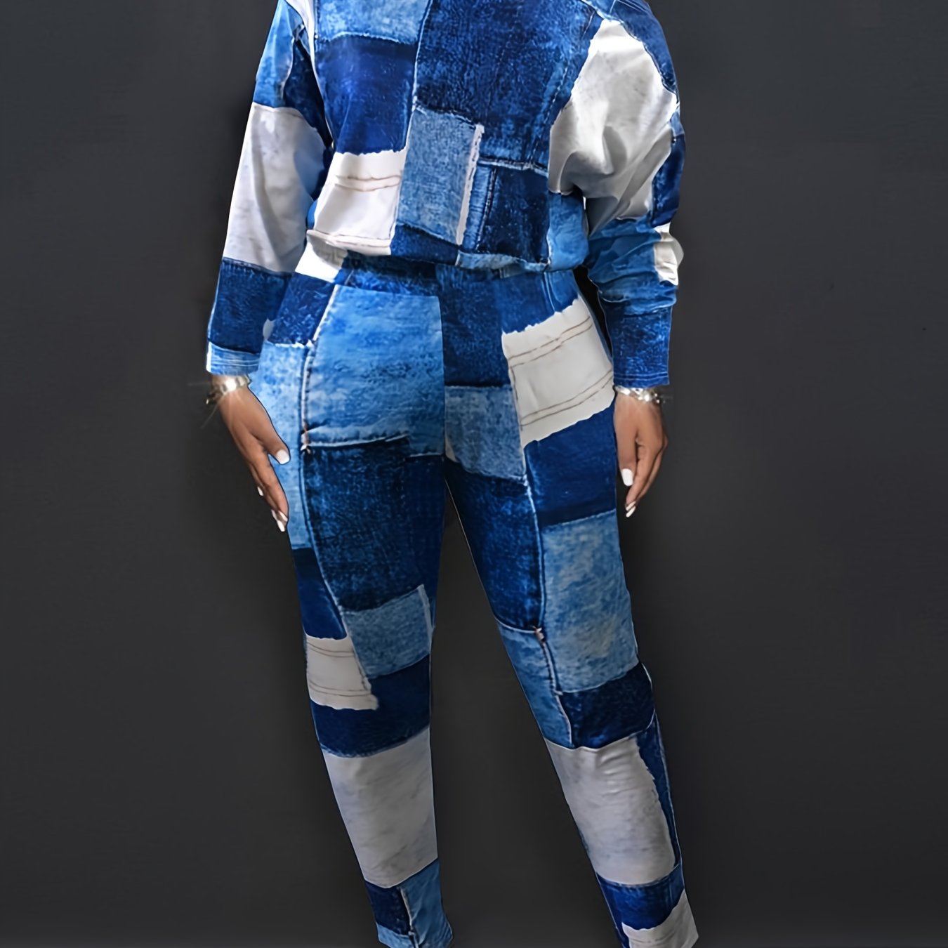 Denim Print One Shoulder Top & Leggings Set