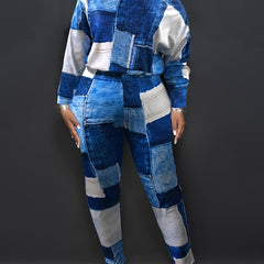 Denim Print One Shoulder Top & Leggings Set