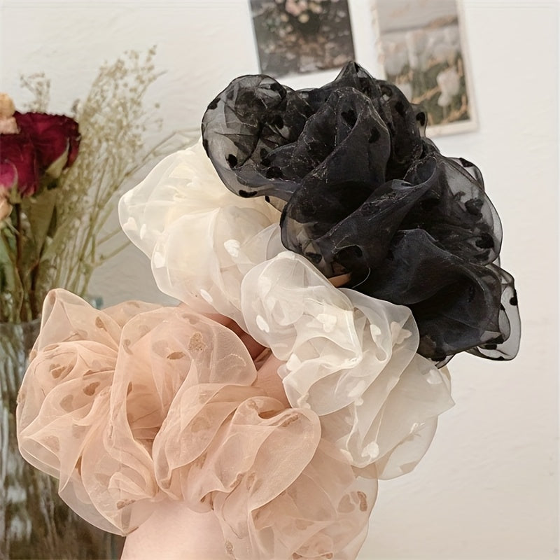 3pcs Heart Print Scrunchies Hair Tie Organza Hair Rope Style Hai