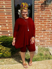 Women's Plus Solid Long Sleeve Top & Shorts Set