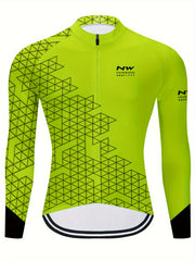 Geometric Print Men's Zip Up Long Sleeve Cycling Jersey