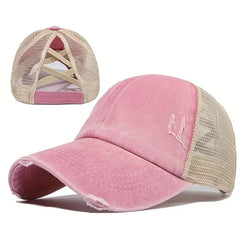 Classic Ponytail Trucker Hat Washed Distressed Mesh Baseball Cap Vintage Ripped