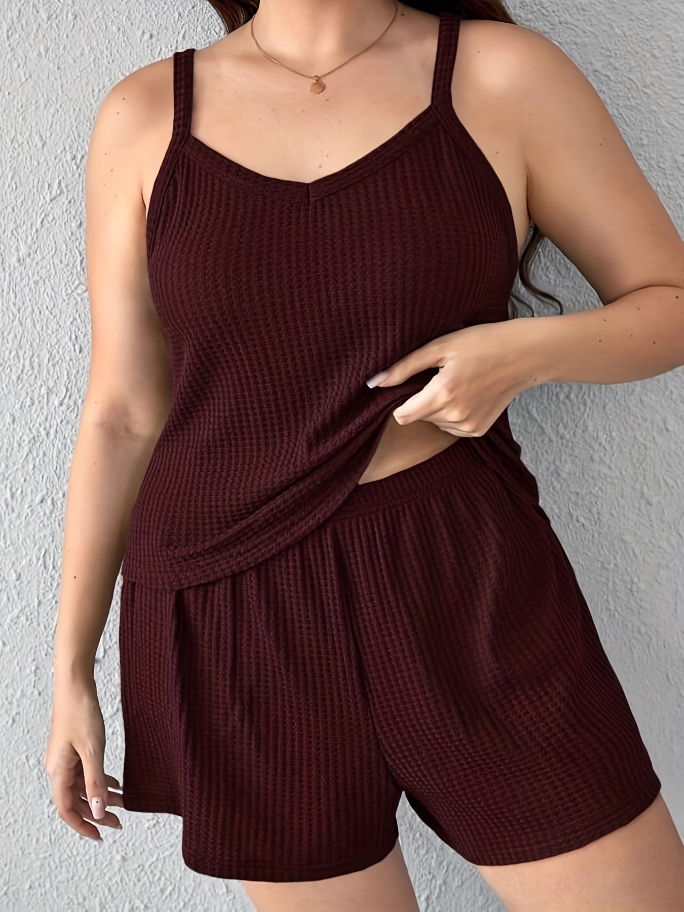 Waffle Knit V Neck Cami Top & Shorts Lounge Set