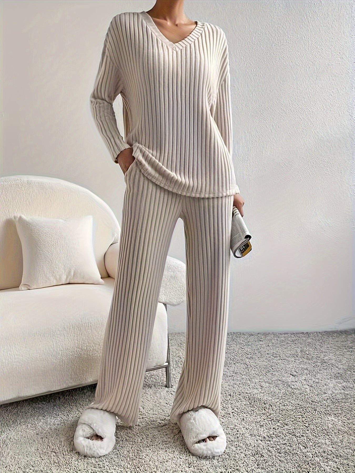 Solid Ribbed Long Sleeve V Neck Top & Pants Outfit Set