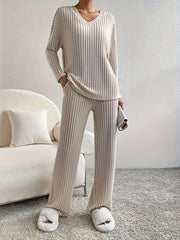Solid Ribbed Long Sleeve V Neck Top & Pants Outfit Set