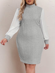 Casual Sweater Dress Women's Plus Colorblock Lantern Sleeve High Neck
