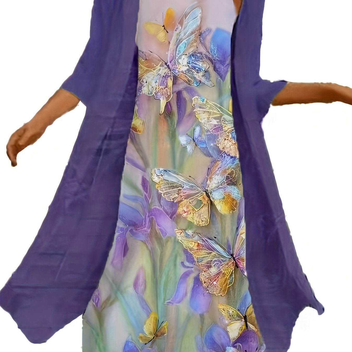 2 Piece Set Half Sleeve Open Front Coat & Floral Print Cami Dress