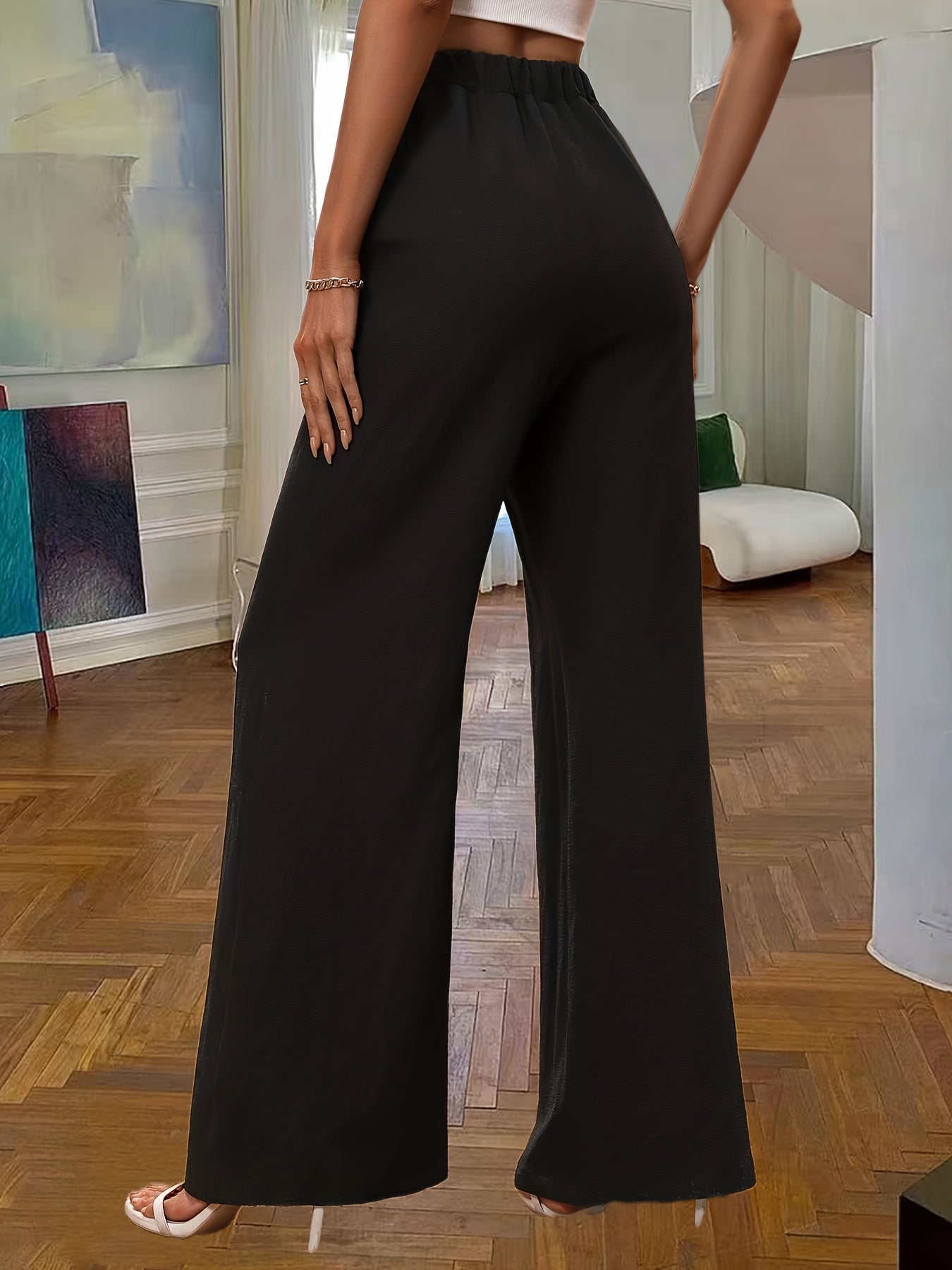 Solid Wide Leg Pants Elastic Waist Long Length