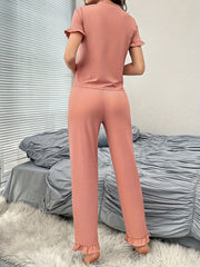 Solid Lounge Set Short Sleeve V Neck Top & Elastic Waistband Pants