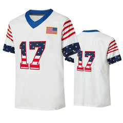 Men's American Flag 17 Rugby Jersey Embroidered V Neck Short Sleeve Shirt