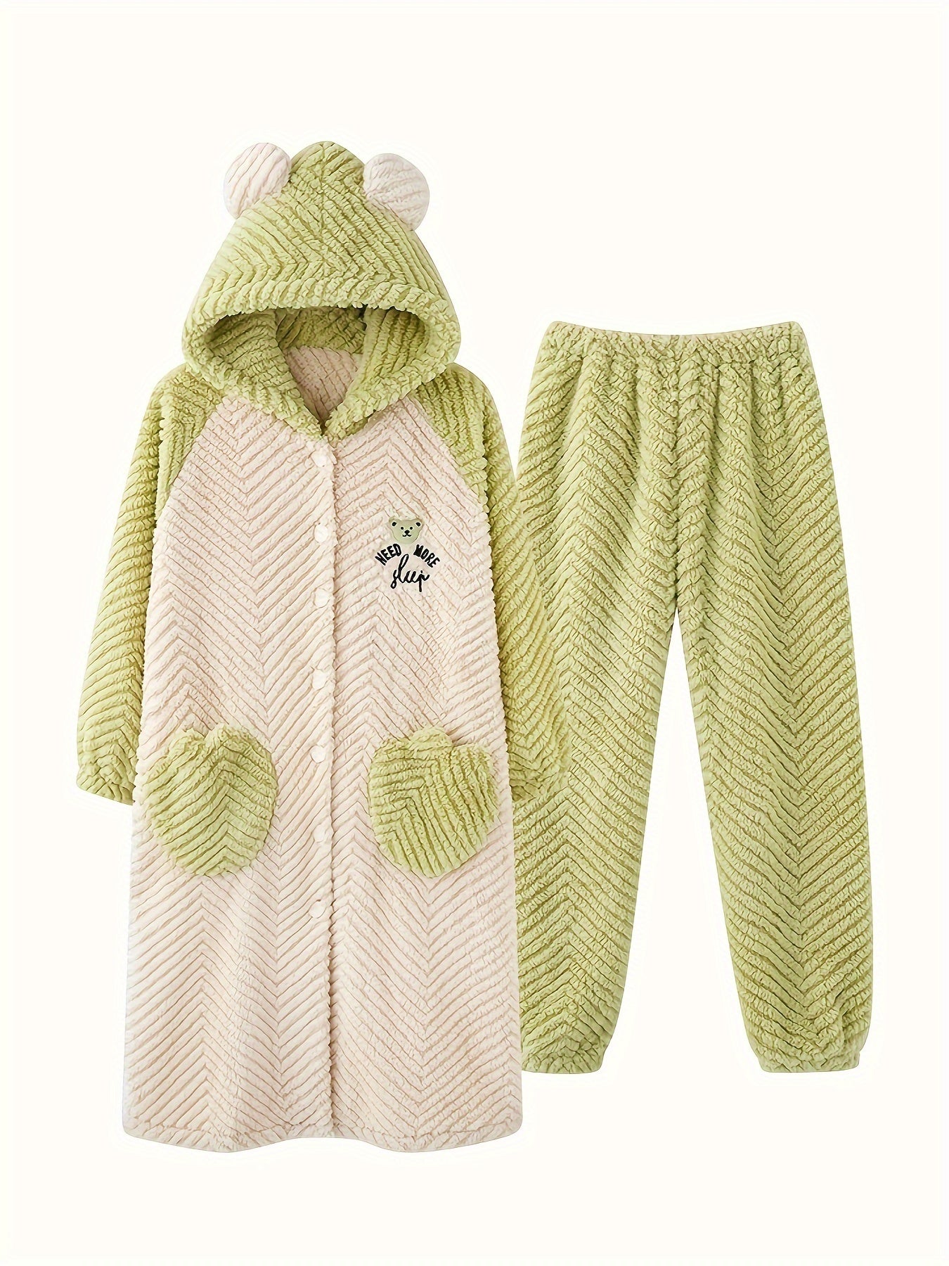 Cat Fuzzy Pajama Set Long Sleeve Hooded Robe & Pants Women's Sleepwear