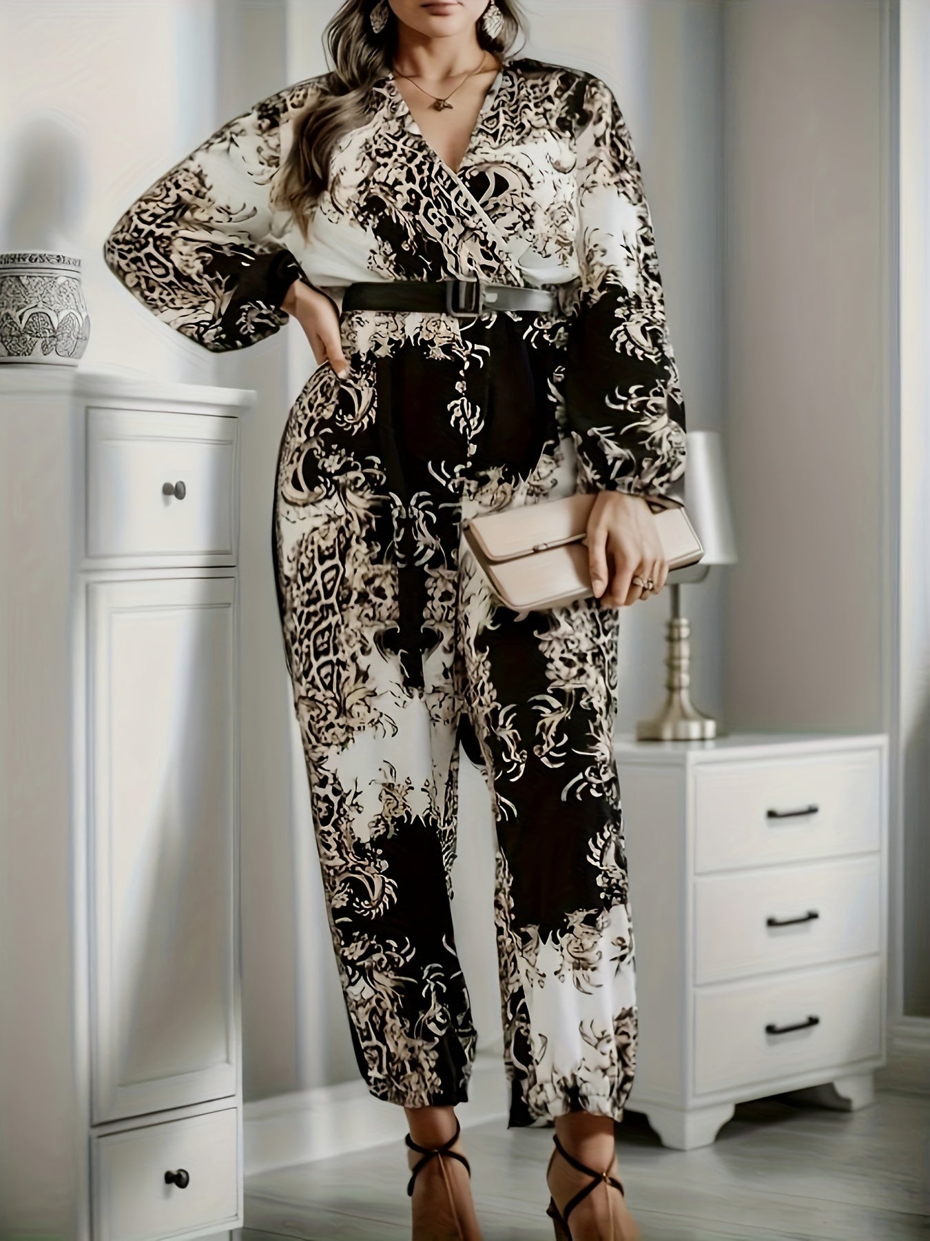 Baroque Print Lantern Sleeve Jumpsuit