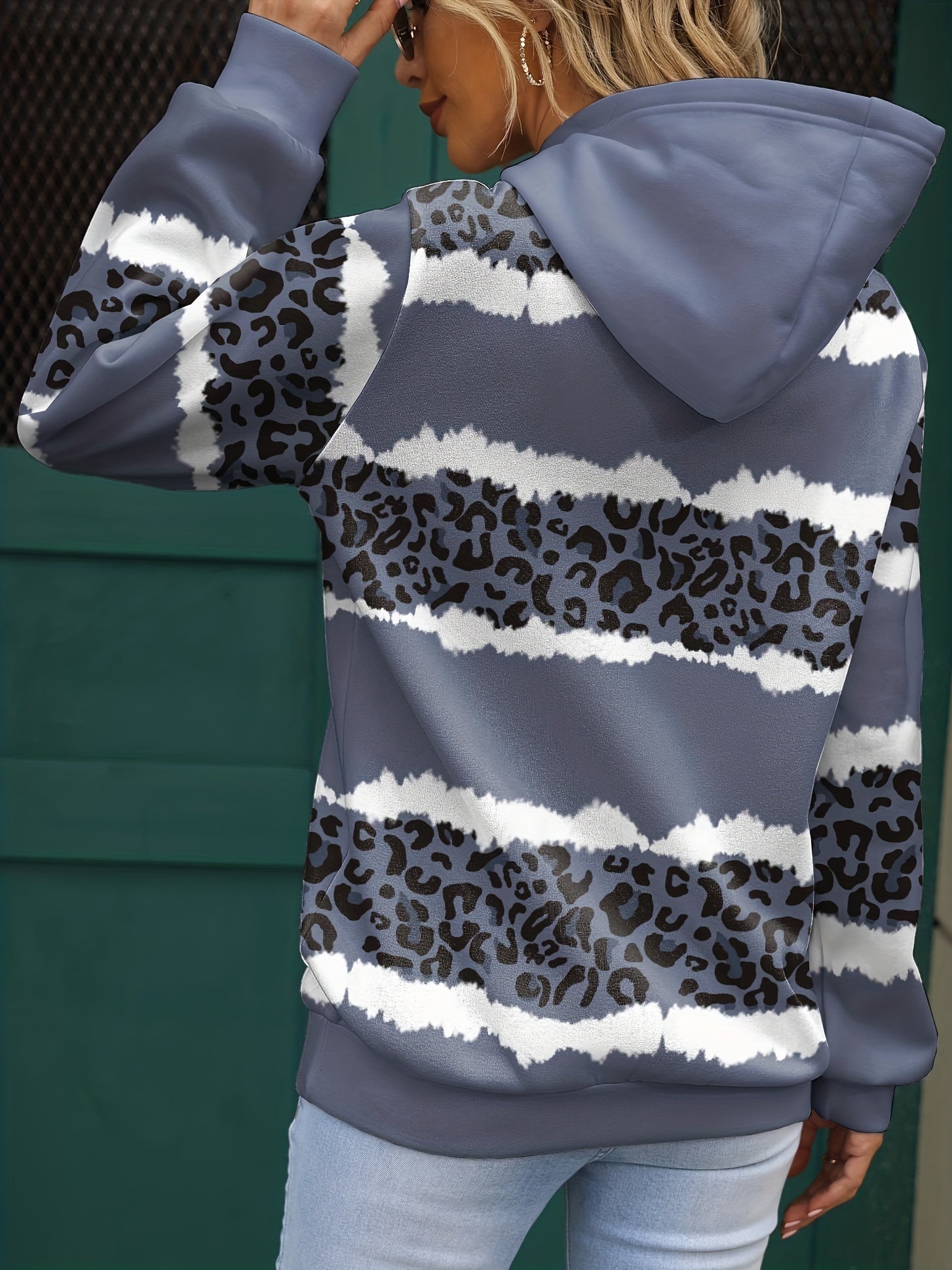 Leopard & Striped Kangaroo Pocket Hoodie Women's Sweatshirt