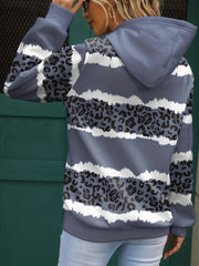 Leopard & Striped Kangaroo Pocket Hoodie Women's Sweatshirt