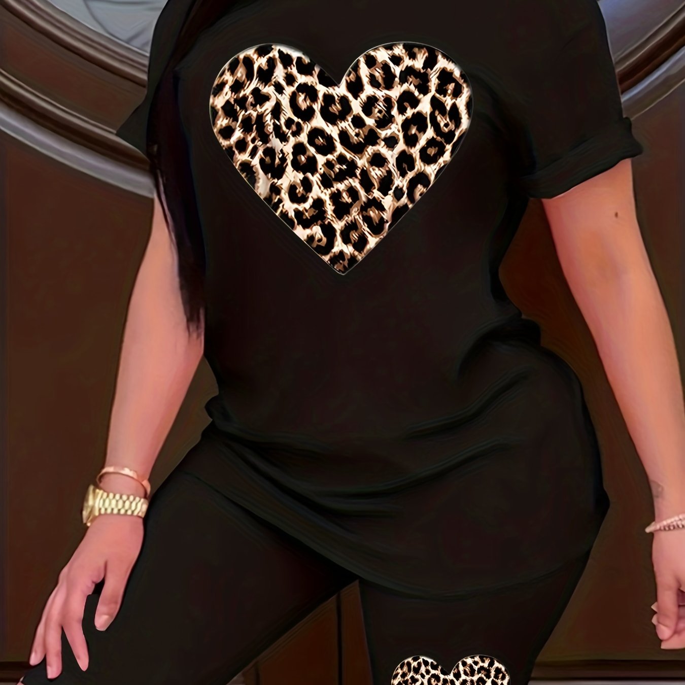 Women's Plus Leopard Heart Print Tee & Shorts Set