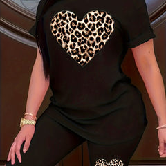 Women's Plus Leopard Heart Print Tee & Shorts Set