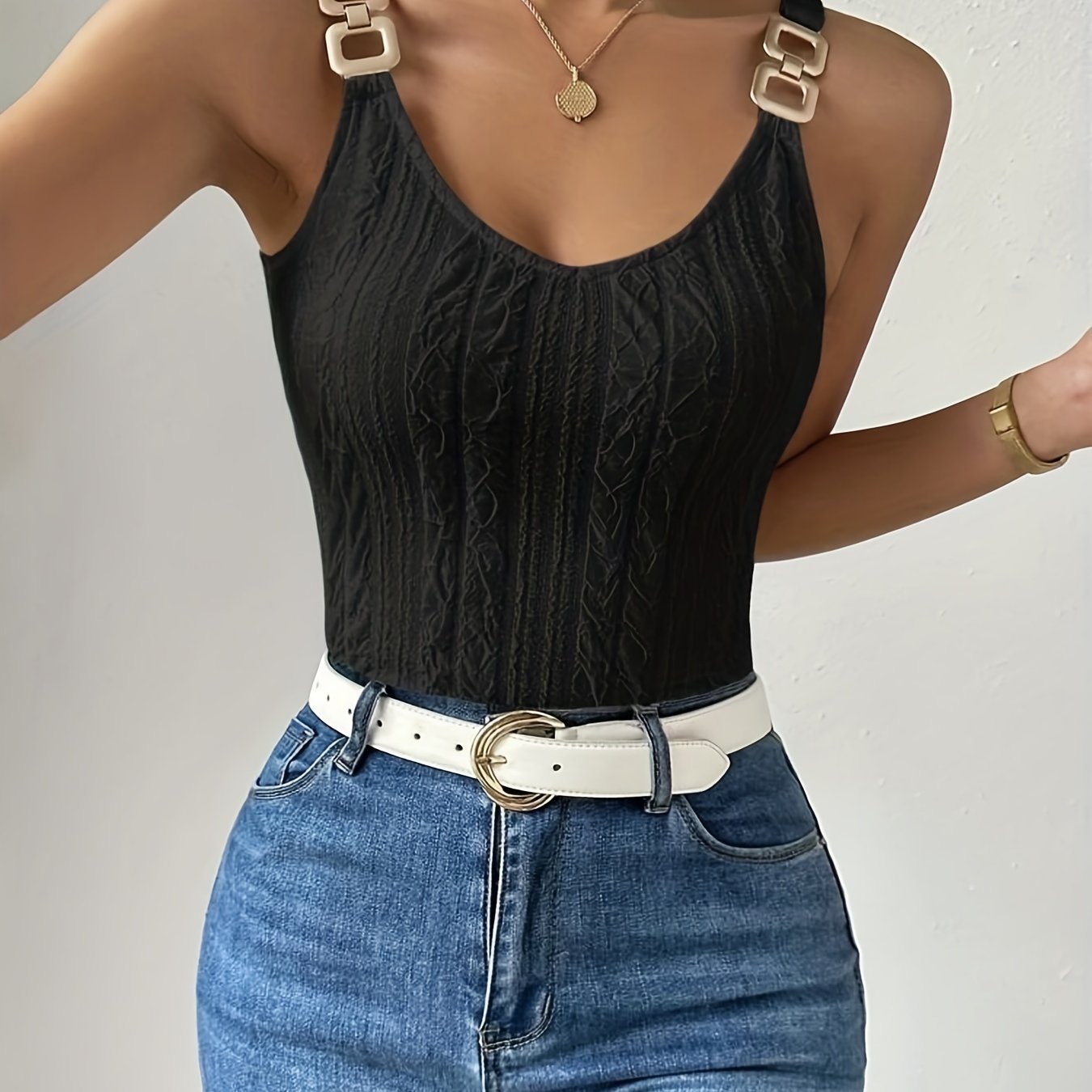 Solid Chain Knitted Tank Top Sleeveless Casual Tank Top