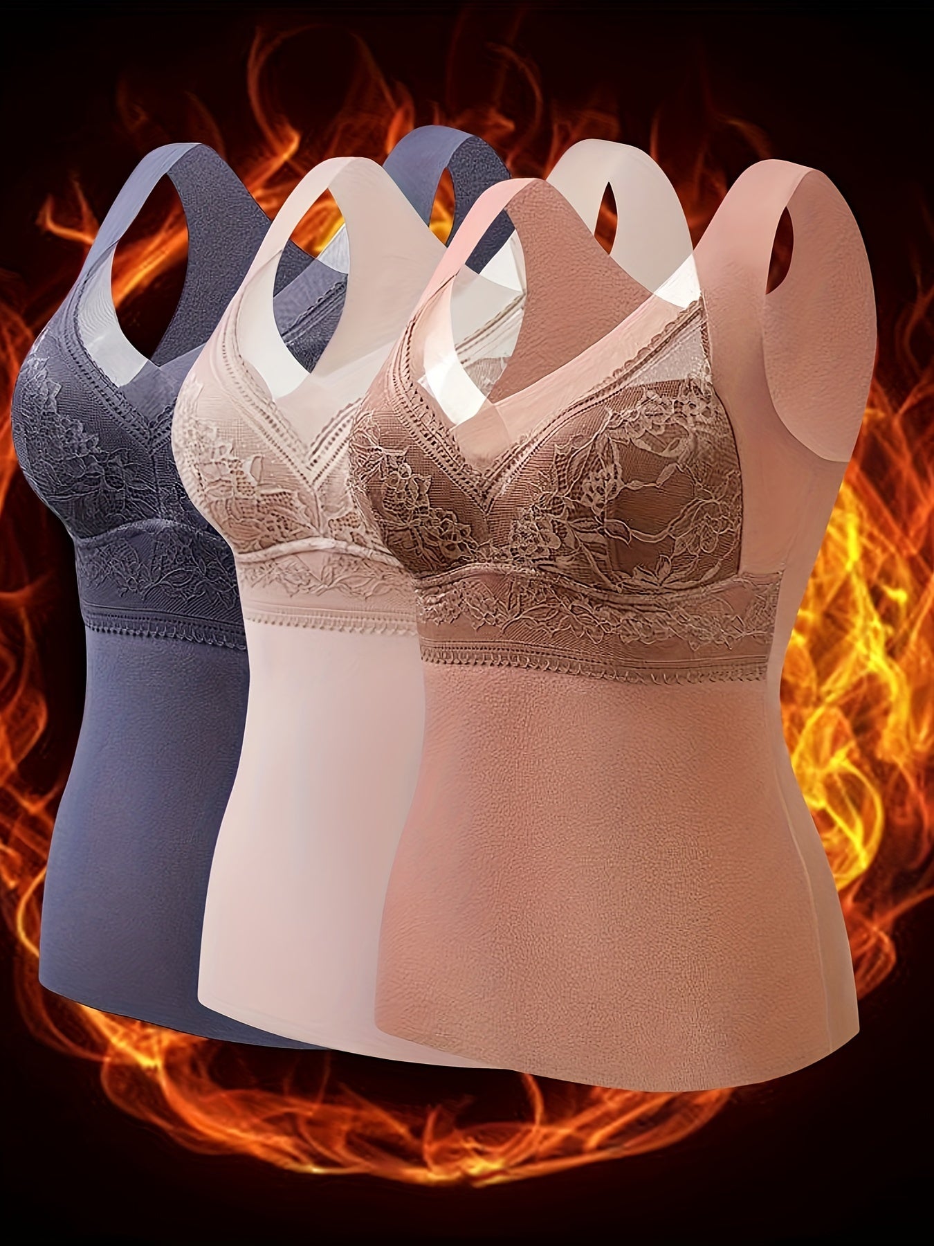 3pcs Lace Thermal V Neck Sleeveless Top Women's Lingerie