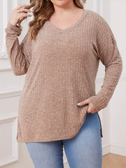 Solid Long Sleeve V Neck Ribbed Knit Top