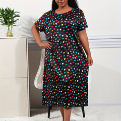 Colorful Heart Print Round Neck Stretch Nightdress