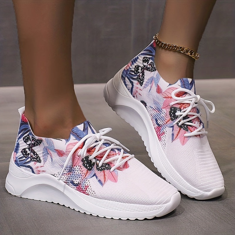 Women's Butterfly & Flower Pattern Sneakers Lace Up Outdoor Shoes