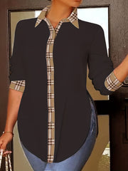 Colorblock Plaid Print Long Sleeve Button Up Lapel Collar Shirt