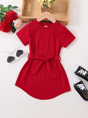 Girls Princess Dress Bow Knot Short Sleeves Crew Neck Kids Clothes