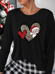 Christmas Heart Print Lounge Top Long Sleeve Crew Neck Women's Loungewear