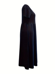 Plus Size Solid Short Sleeve Maxi Dress With Pockets