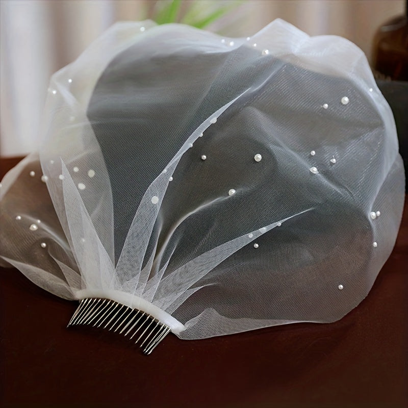 Short Bridal Head Veil Faux Pearl Comb Photography Accessory