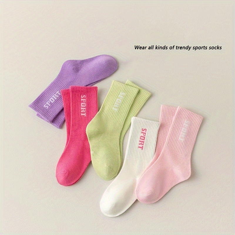 5 Pairs Girl's Letter Pattern Knitted Socks Breathable Crew Socks