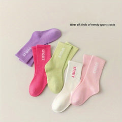 5 Pairs Girl's Letter Pattern Knitted Socks Breathable Crew Socks