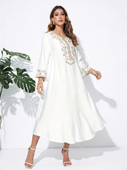 Floral Embroidered Abaya Dress Long Sleeves V Neck Maxi