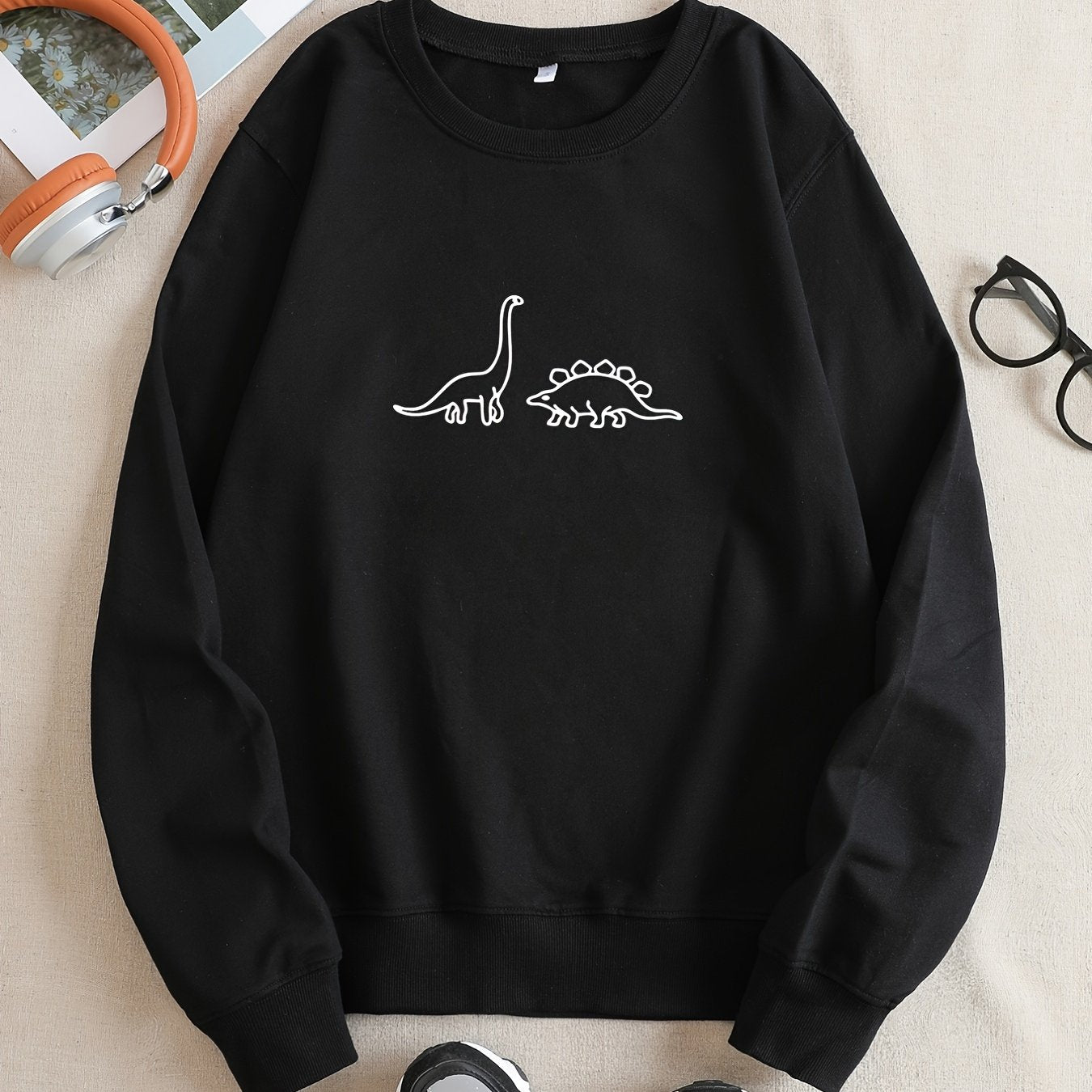 Dinosaur Graphic Print Crew Neck Sweatshirt Long Sleeve Pullover Casual Top