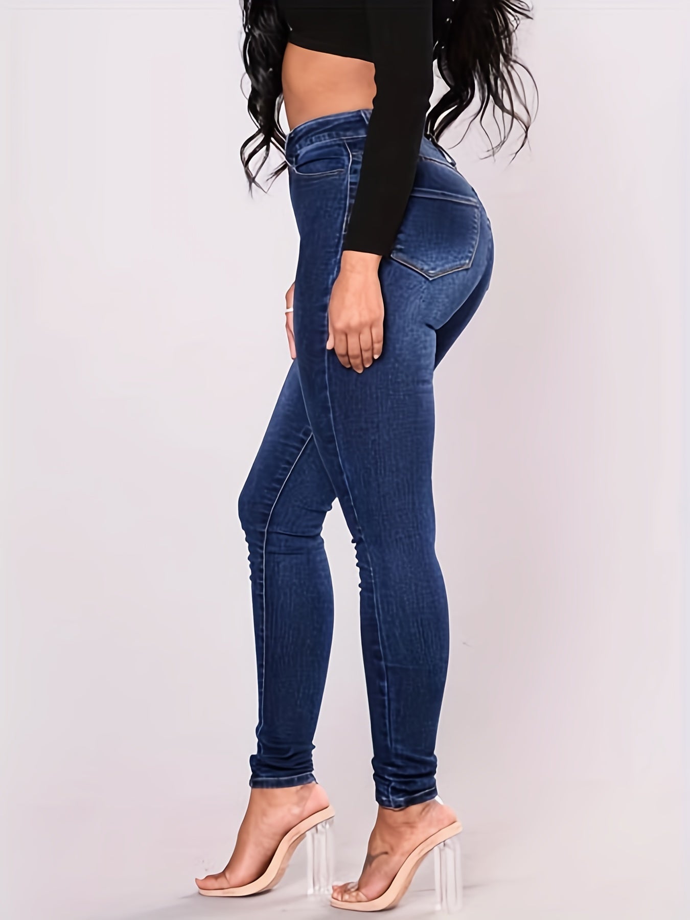 Dark Casual Skinny Jeans Slim Fit Slash Pockets High Stretch Denim Pants