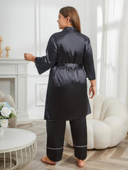Contrast Pipping Satin Robe & Cami Top & Pants Set