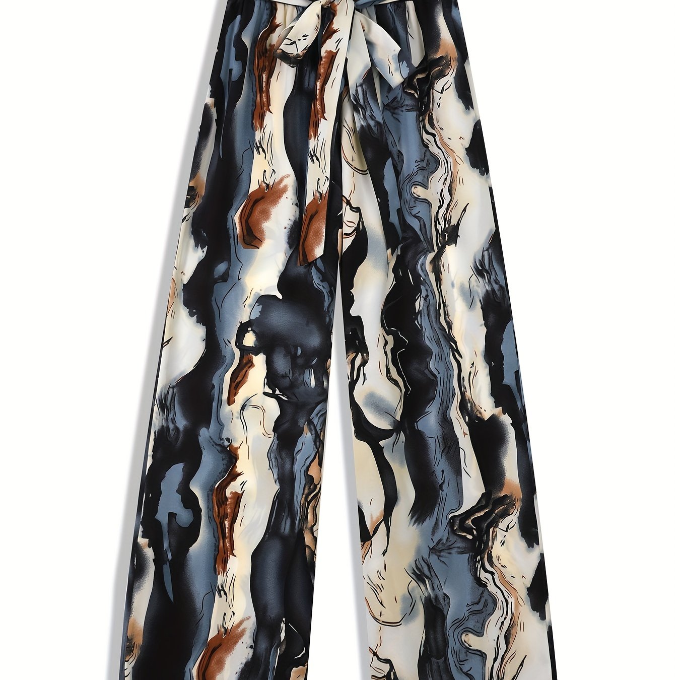 Marble Print Wide Leg Pants with Belt for Women