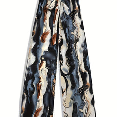 Marble Print Wide Leg Pants with Belt for Women