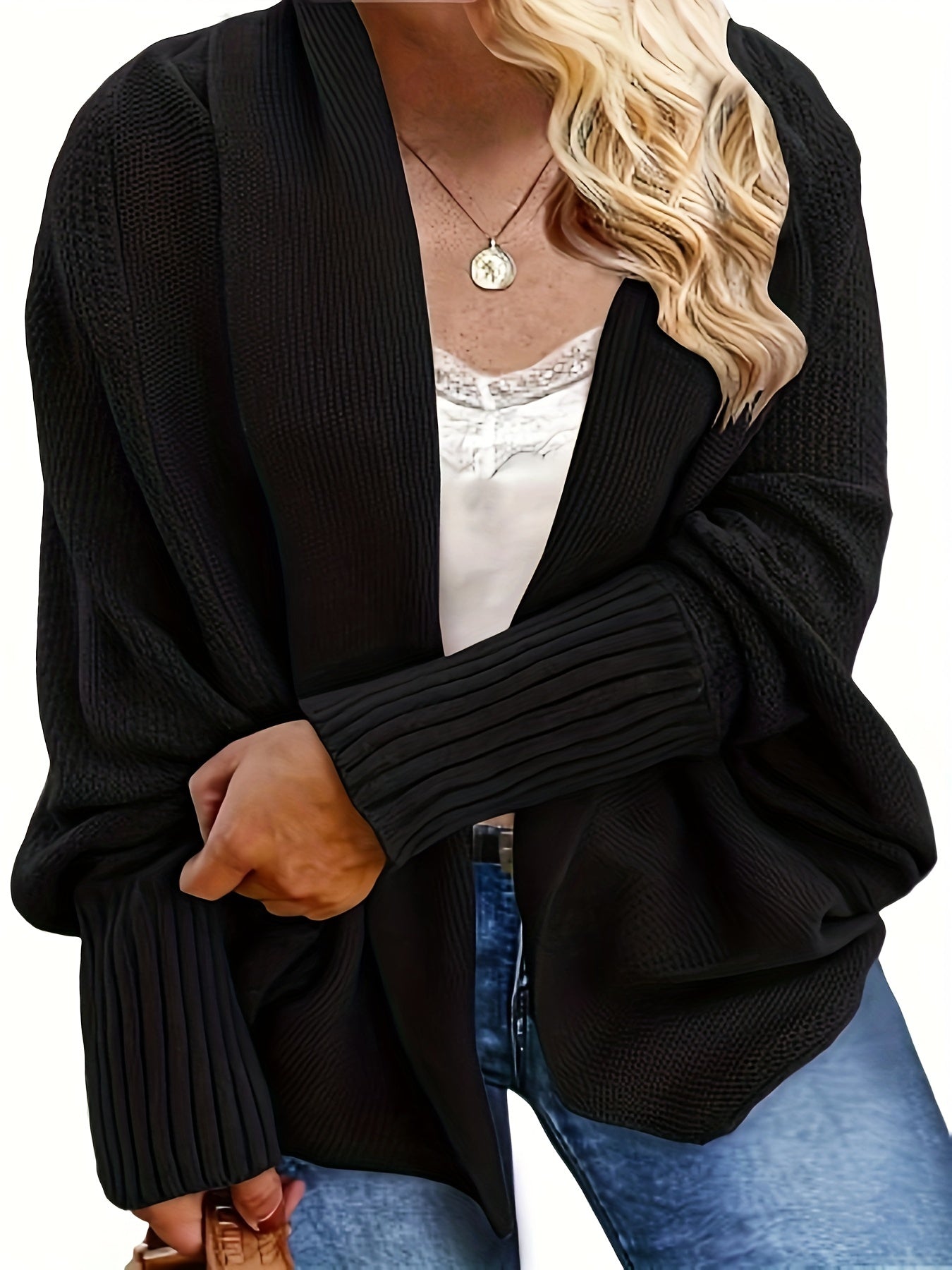 Solid Ribbed Batwing Sleeve Open Front Kimono Cardigan