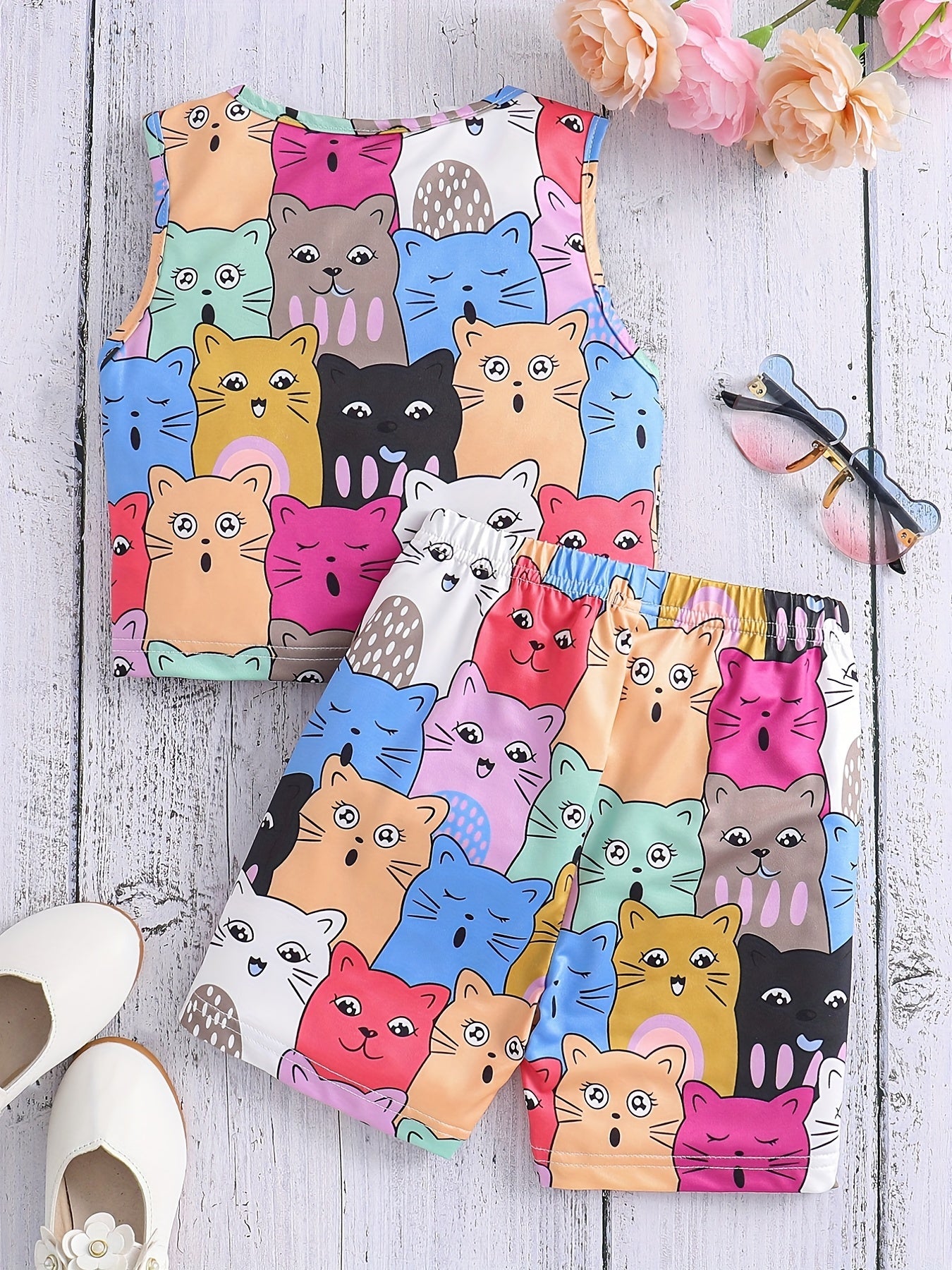 Kids Summer Cartoon Cat Tank Crop Top & Shorts Set