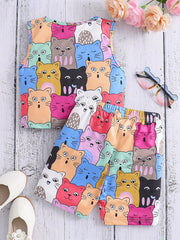 Kids Summer Cartoon Cat Tank Crop Top & Shorts Set