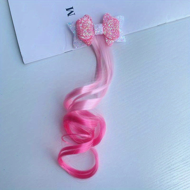 Girls' Curly Gradient Wig Hair Clip with Sequin Bow Decoration